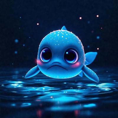 The primary subject of the image is a blue fish with a frowning expression. The fish is floating in a blue water environment, which gives the scene a calm and serene atmosphere. The visual style of the image is digital art, as it appears to be a computer-generated or digitally edited illustration. The dominant colors in the image are blue and white, with the blue fish being the most prominent feature.